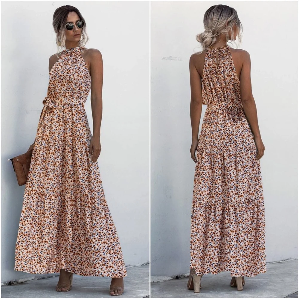 Boho Pastel Green Floral Print Halter Maxi Dress Ruffle - Picture 5 of 13